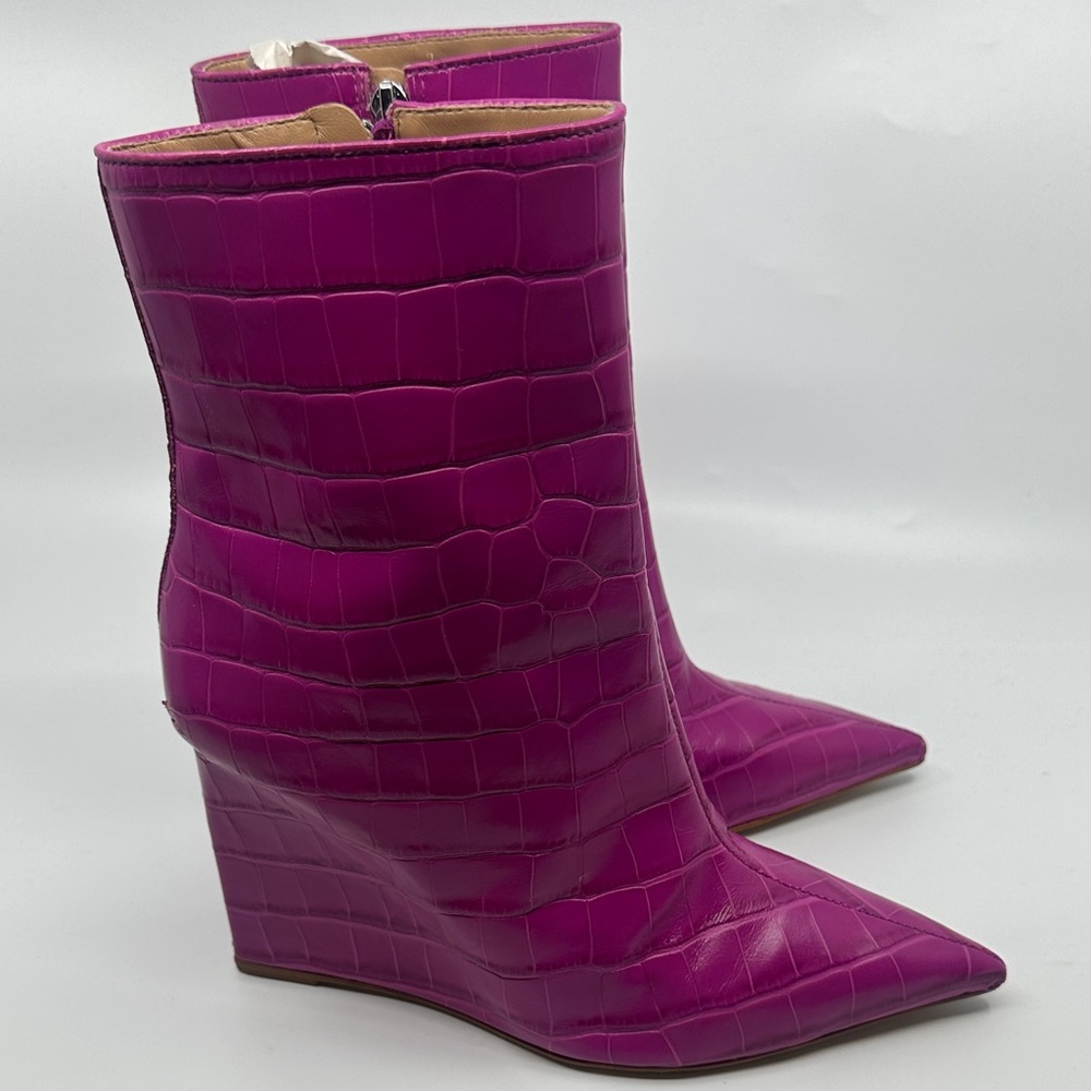 SCHUTZ Fuchsia Croc-Embossed Wedge Booties